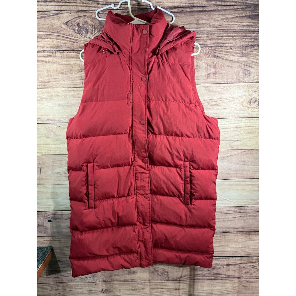Lands End Womens Red Puffer Vest Removable Hood Quilted Longline Size L 14-16